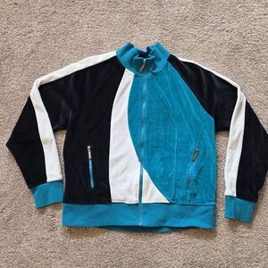Vintage Colorblock Zip Jacket L ?  Velour TEAL Black White Kaktus NO SIZE TAG